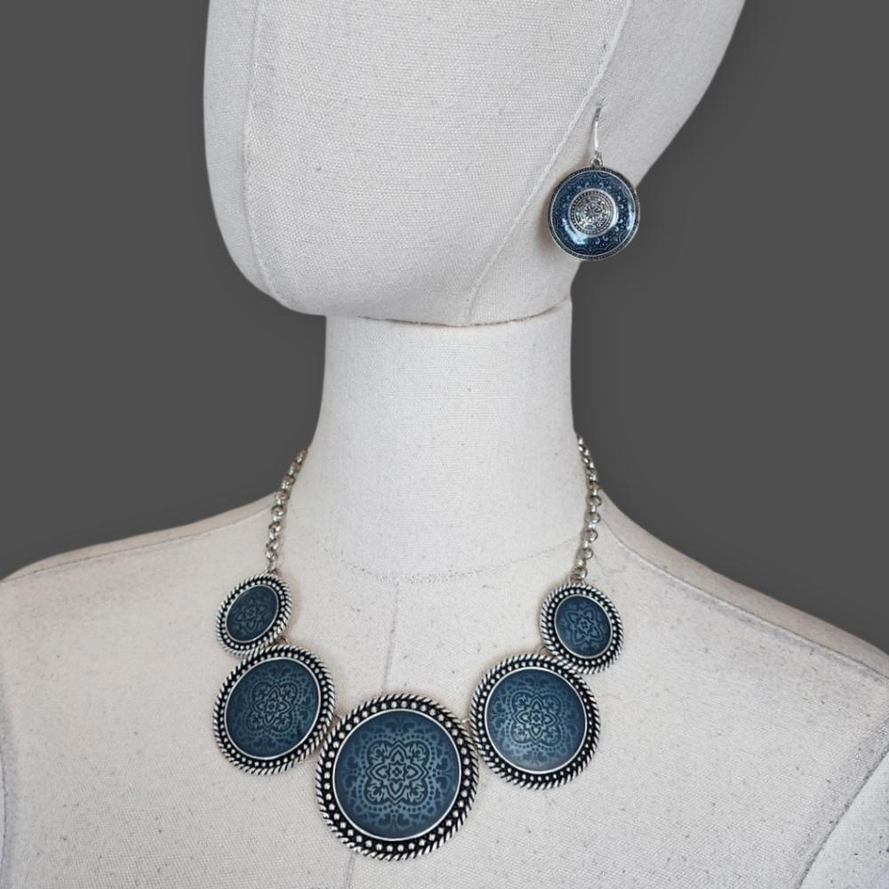 Silver/Blue Medallion Necklace & Earrings